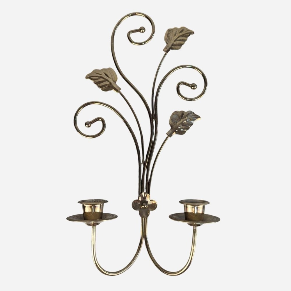 Home Interiors Brass Scroll Leaf Wall Sconce Double Candle Holder